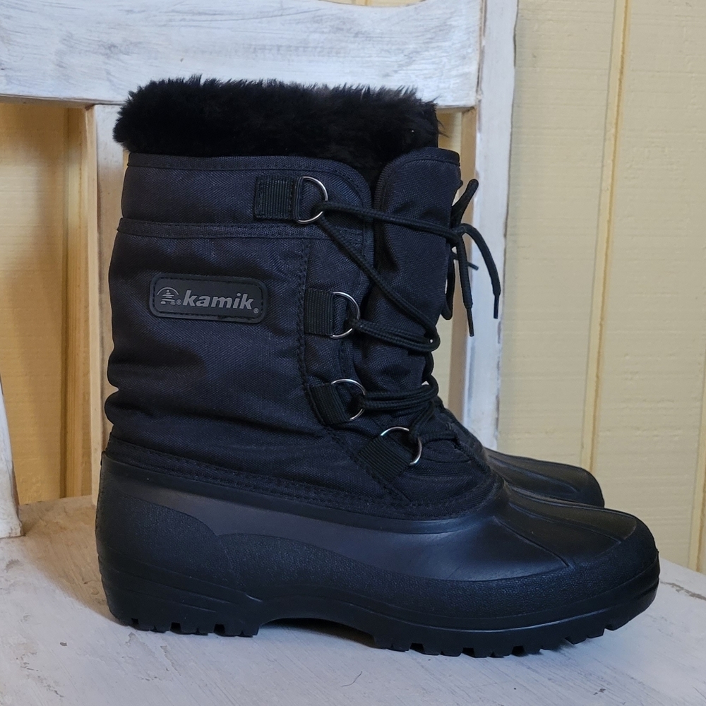 Kamik Black Fleece Lined Faux Fur Trim Snow Boots  Size 8